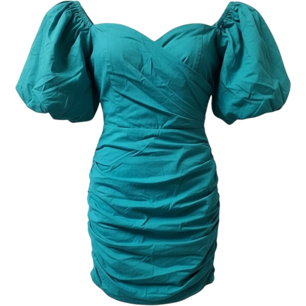 DO+BE Teal Blue Puff Sleeve Ruched Mini Dress V-Neck Bodycon Party Dress Small